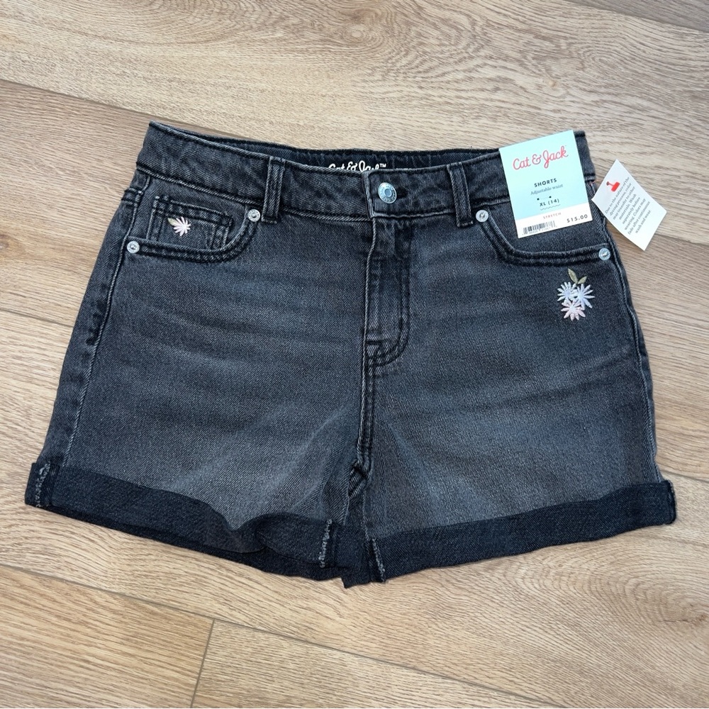 Cat & Jack Black Denim Shorts with Floral Embroidery Size 14 NWT
